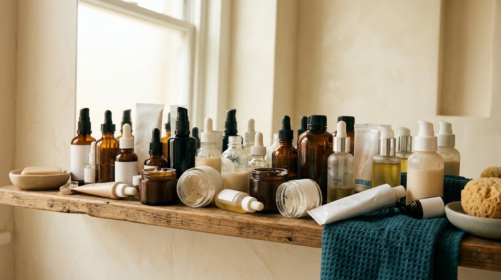 Rak kamar mandi penuh botol dan tube skincare