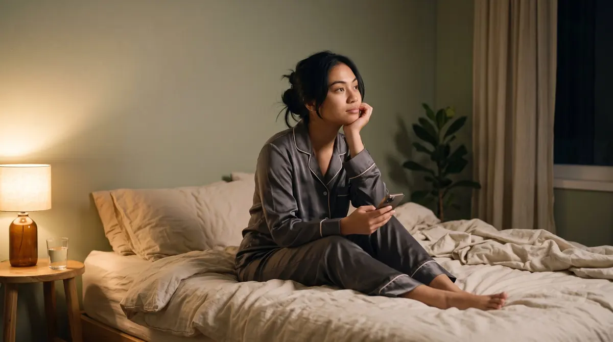 Perempuan muda duduk di tempat tidur pada malam hari sambil memegang HP dan berpikir