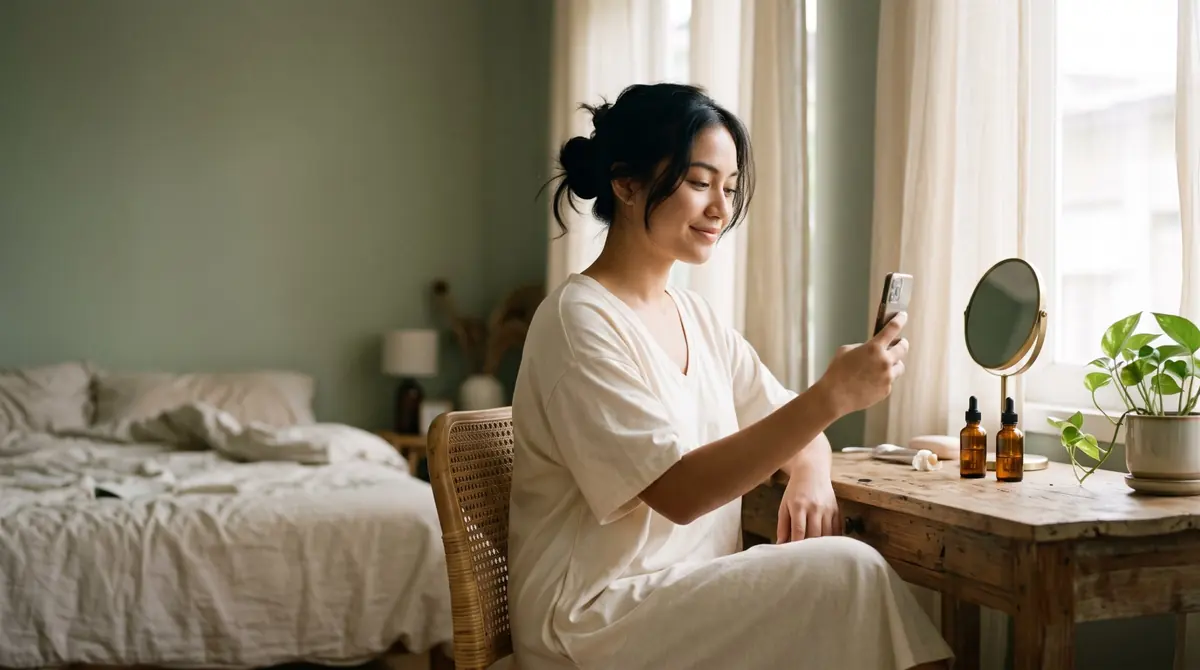 Perempuan muda mengambil foto selfie di kamar mandi pada pagi hari