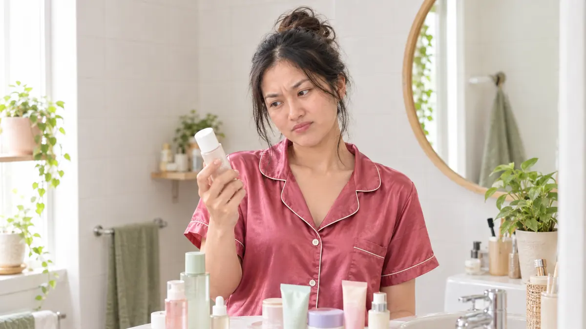 Perempuan muda memandangi botol skincare dengan wajah kesal di depan wastafel penuh produk