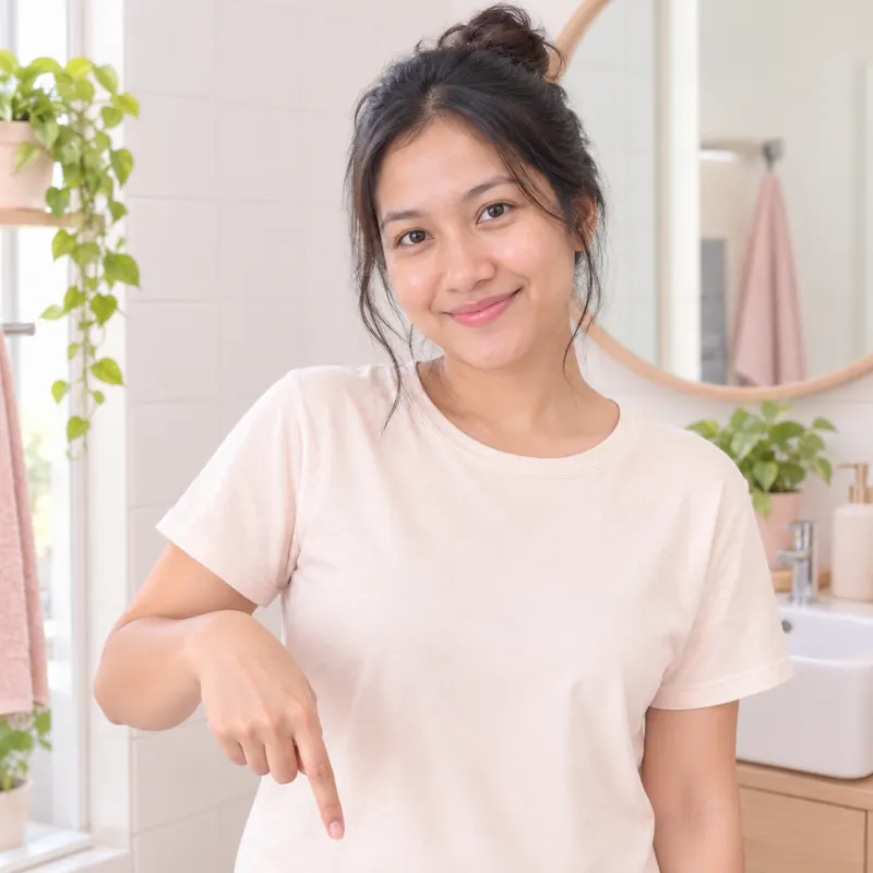 Perempuan muda tersenyum sambil menunjuk ke bawah ke arah tombol pesan